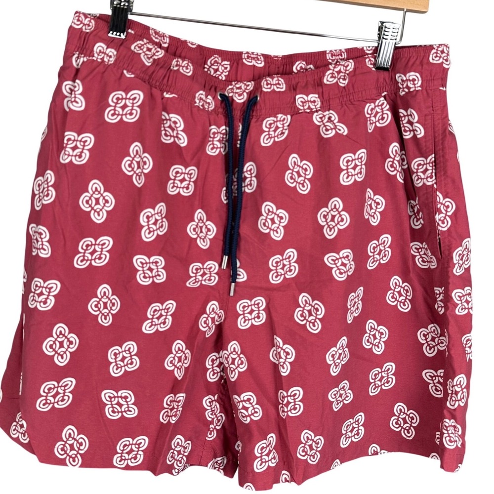 Brooks Brothers Mens Red Geometric Medallion Print Swim Trunks Shorts Large